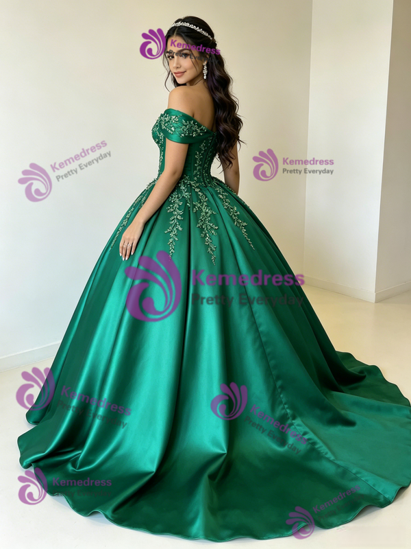 Green Satin Appliques Quinceanera Dress