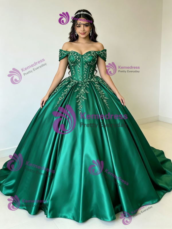 Green Satin Appliques Quinceanera Dress