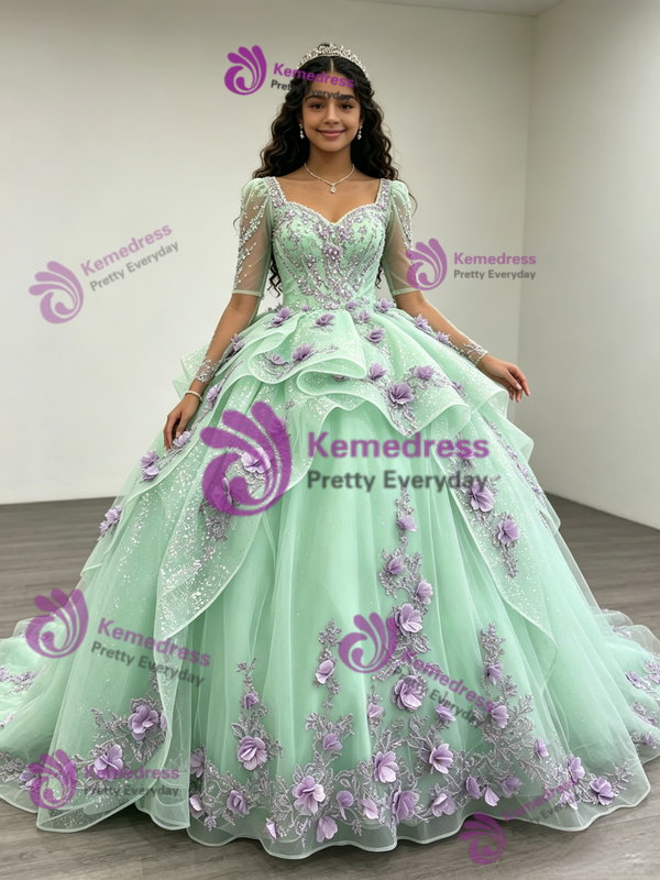 Green Long Sleeve Square Neck Appliques Quinceanera Dress