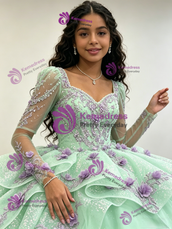 Green Long Sleeve Square Neck Appliques Quinceanera Dress