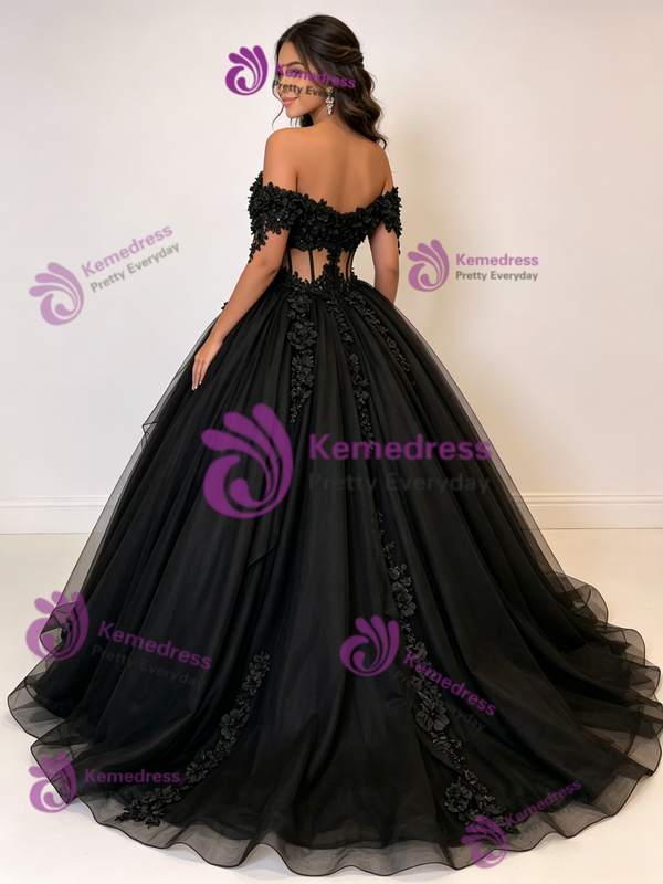 Black Tulle Sequins Appliques Quinceanera Dress