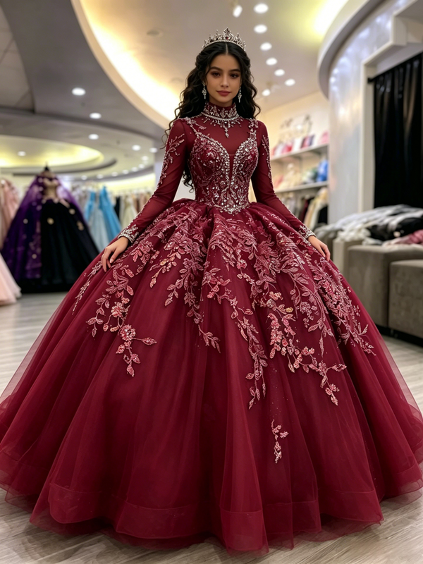 Burgundy Tulle Long Sleve High Neck Quinceanera Dress