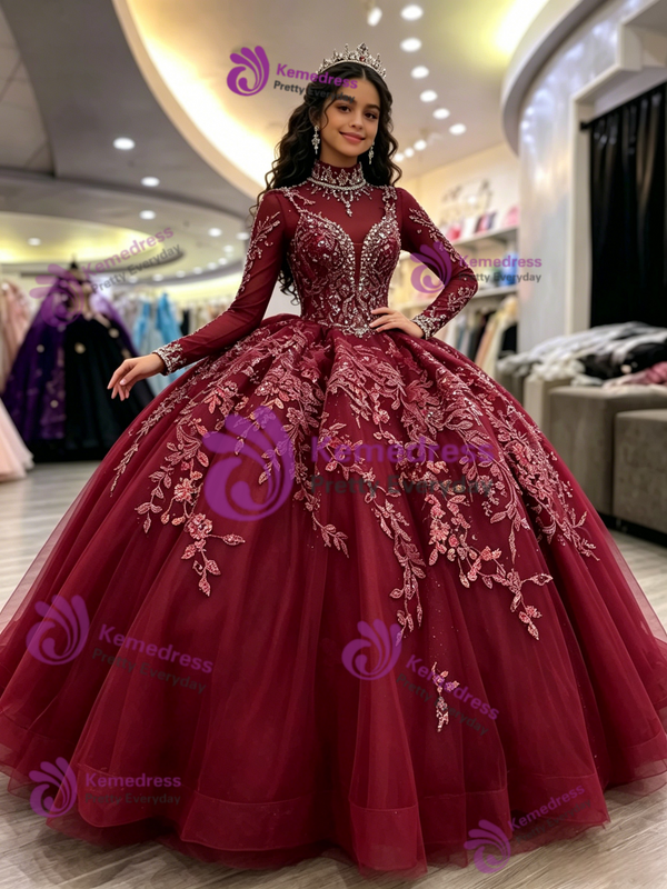 Burgundy Tulle Long Sleve High Neck Quinceanera Dress