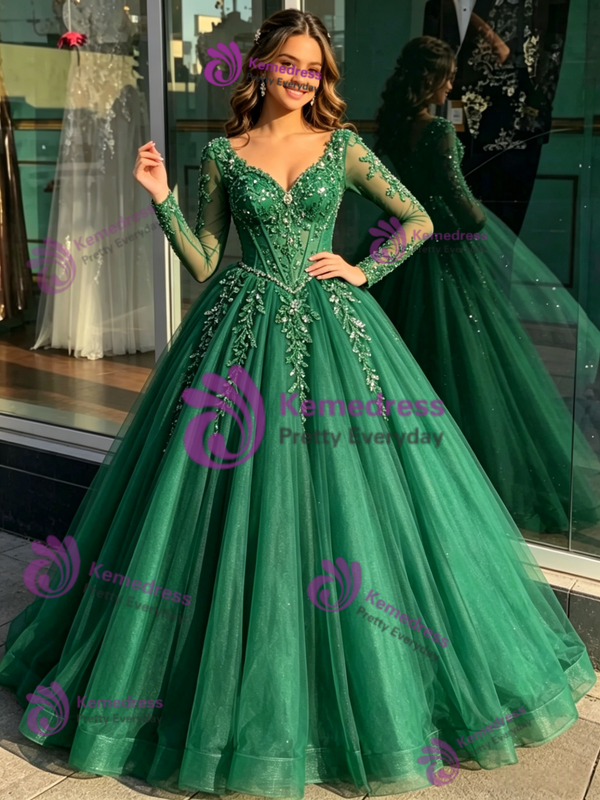 Green Tulle V-neck Long Sleeve Quinceanera Dress