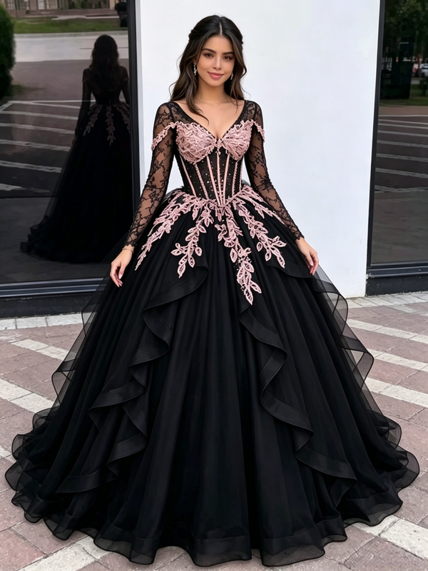 Black Tulle V-Neck Appliques Quinceanera Dress