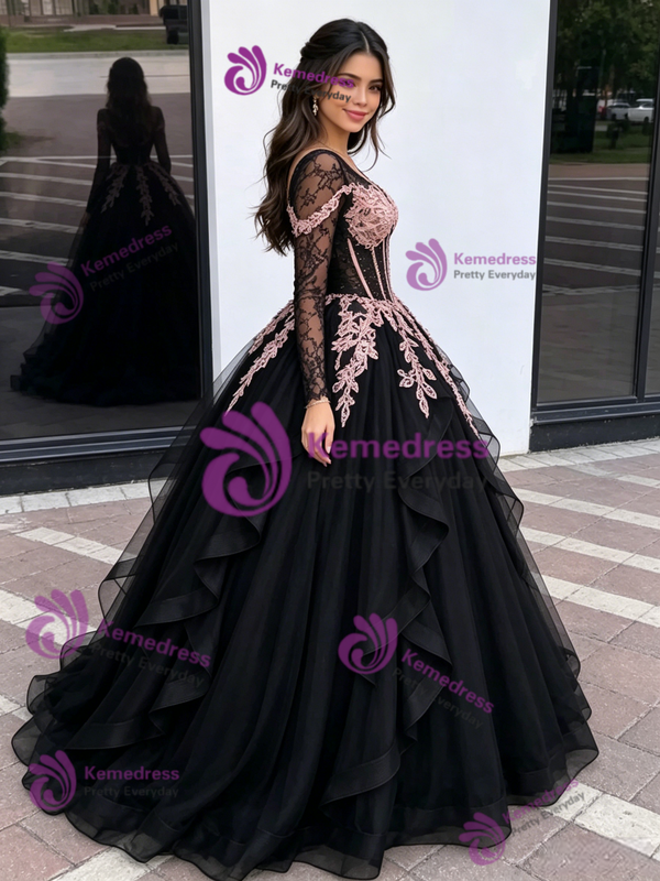 Black Tulle V-Neck Appliques Quinceanera Dress