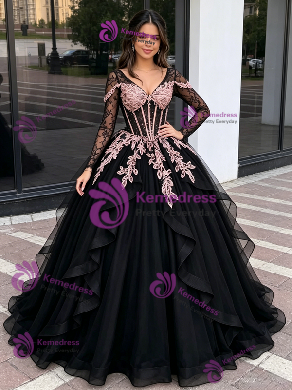Black Tulle V-Neck Appliques Quinceanera Dress