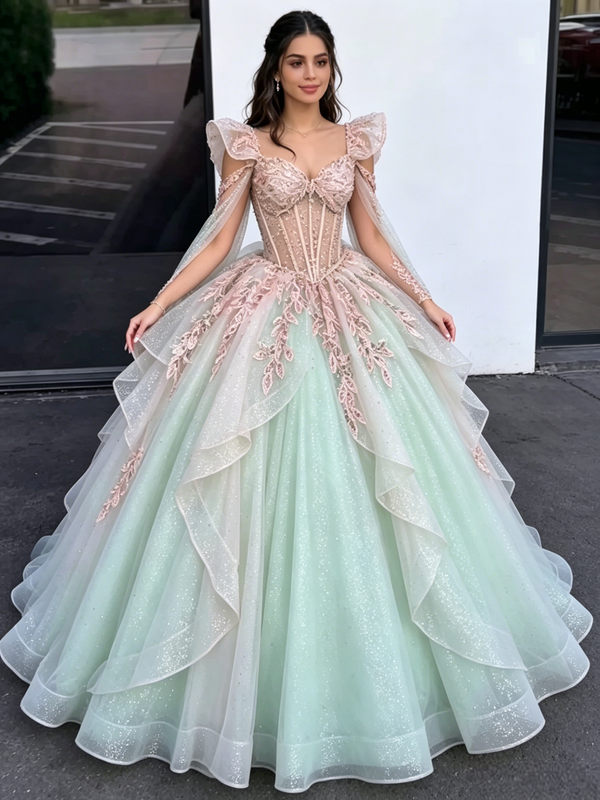 Green Sequins Long Sleeve Appliques Quinceanera Dress