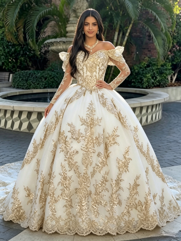 White Tulle Off The Shoulder Appliques Quinceanera Dress