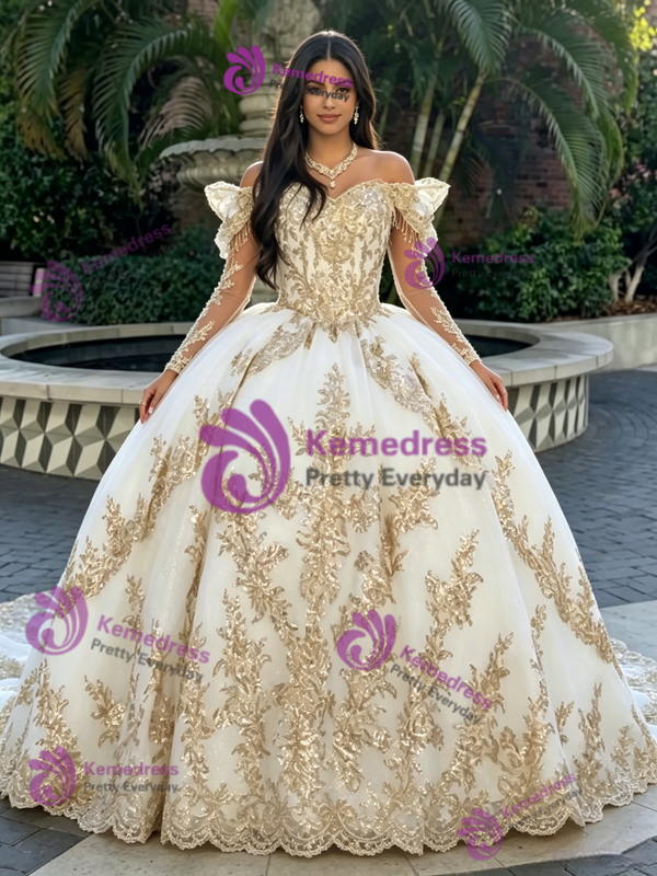 White Tulle Off The Shoulder Appliques Quinceanera Dress