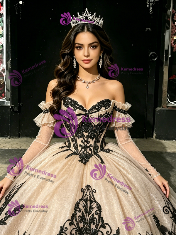 Champagne Tulle Appliques Off the Shoulder Quinceanera Dress