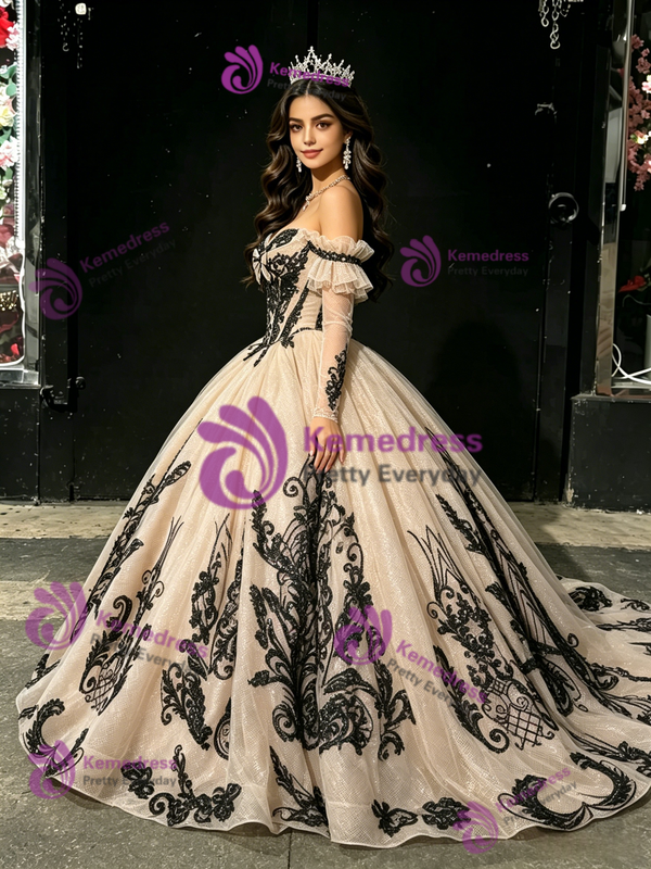 Champagne Tulle Appliques Off the Shoulder Quinceanera Dress