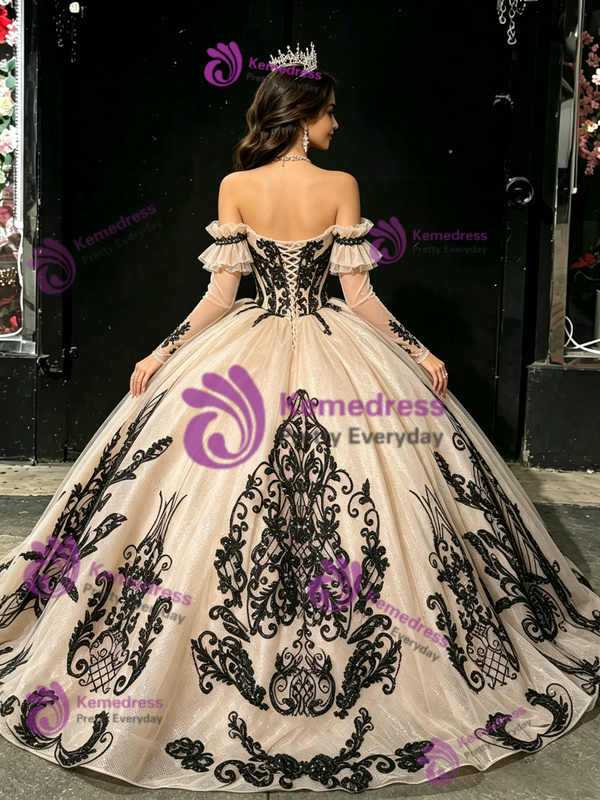 Champagne Tulle Appliques Off the Shoulder Quinceanera Dress