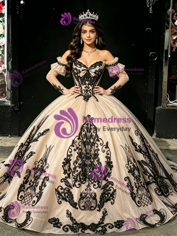 Champagne Tulle Appliques Off the Shoulder Quinceanera Dress