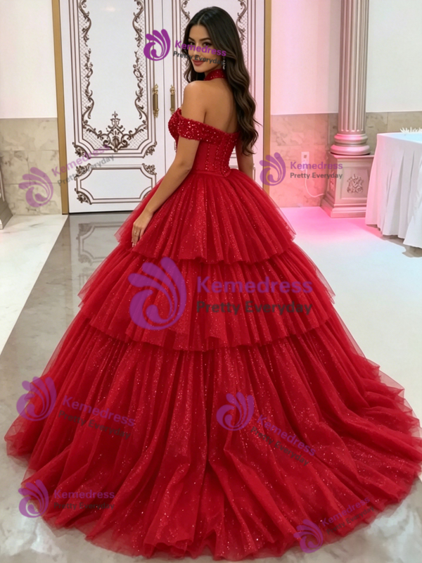 Red Tulle Off the Shoulder Quinceanera Dress