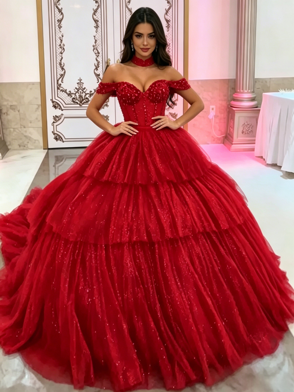 Red Tulle Off the Shoulder Quinceanera Dress