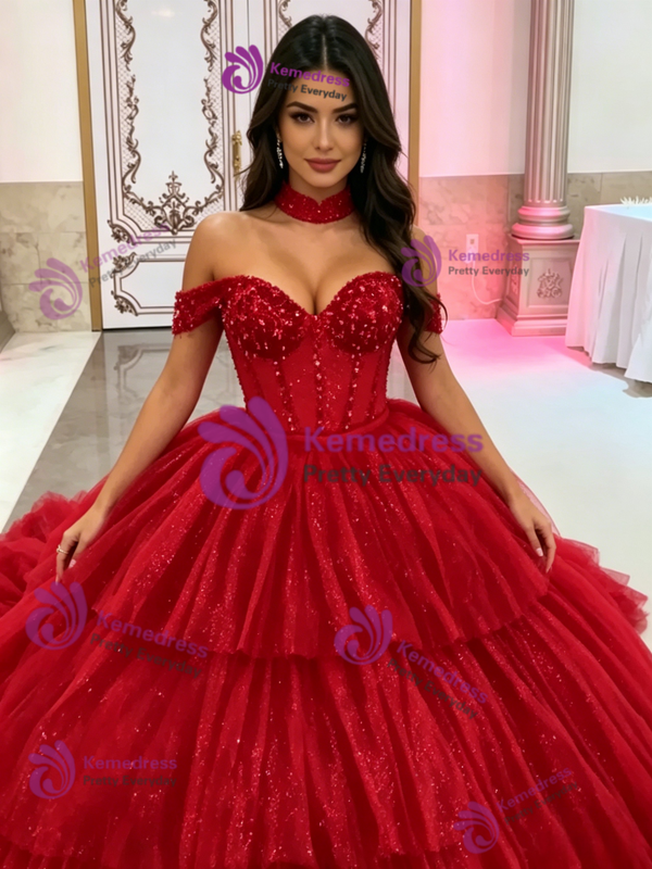 Red Tulle Off the Shoulder Quinceanera Dress