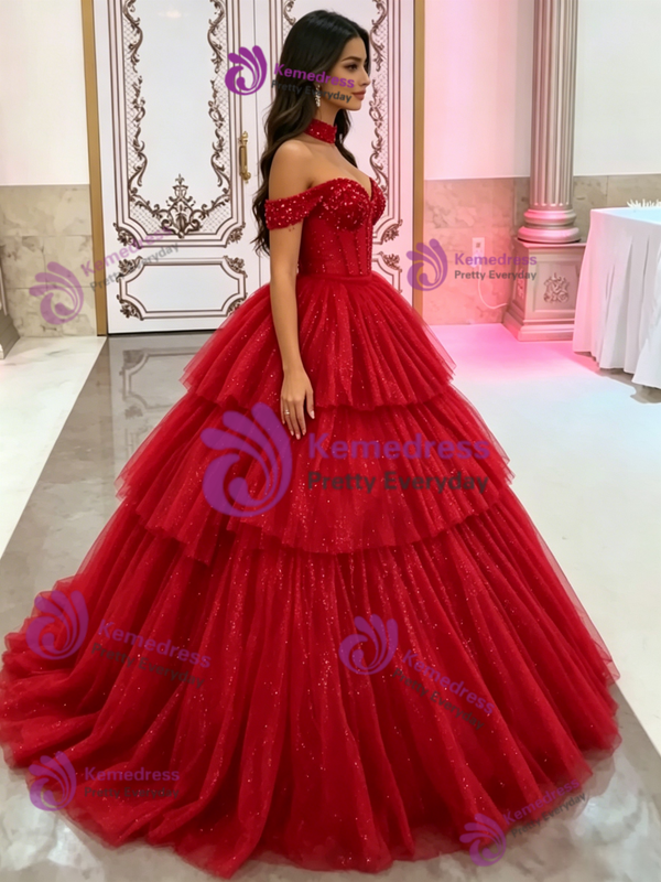 Red Tulle Off the Shoulder Quinceanera Dress