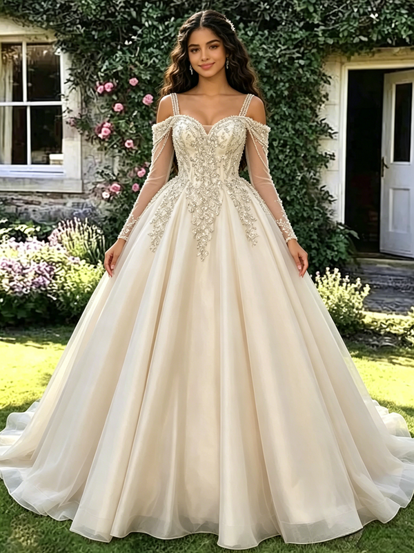 Champagne Tulle Straps Long Sleeve Quinceanera Dress