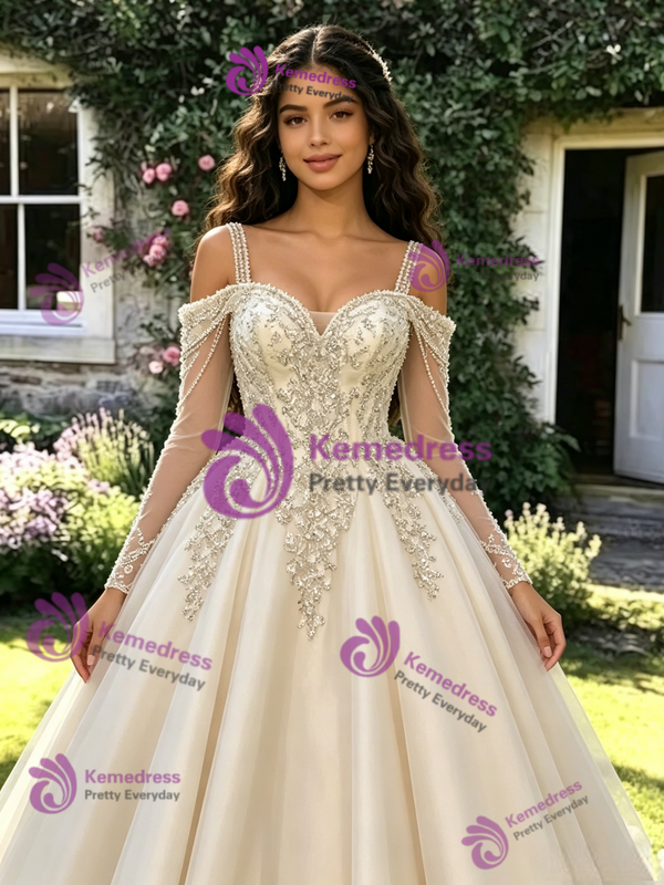 Champagne Tulle Straps Long Sleeve Quinceanera Dress
