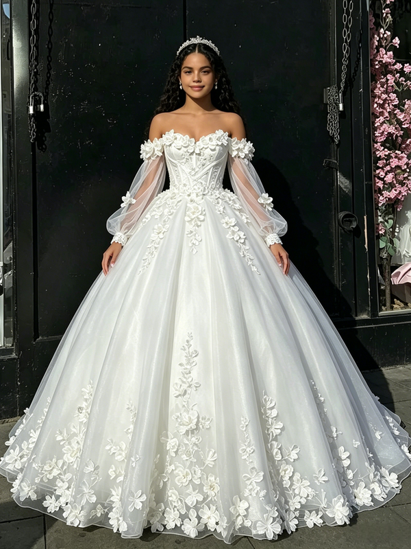 White Tulle 3D Flower Long Sleeve Quinceanera Dress