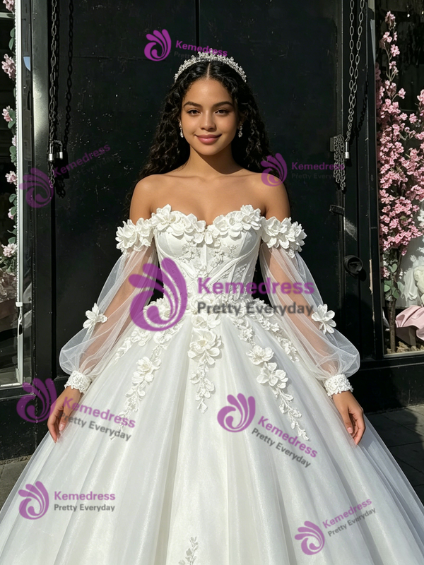 White Tulle 3D Flower Long Sleeve Quinceanera Dress