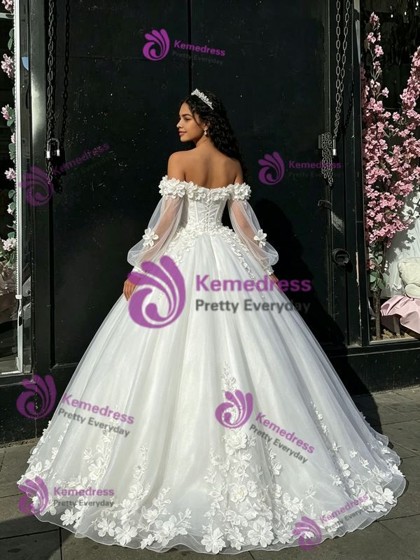 White Tulle 3D Flower Long Sleeve Quinceanera Dress