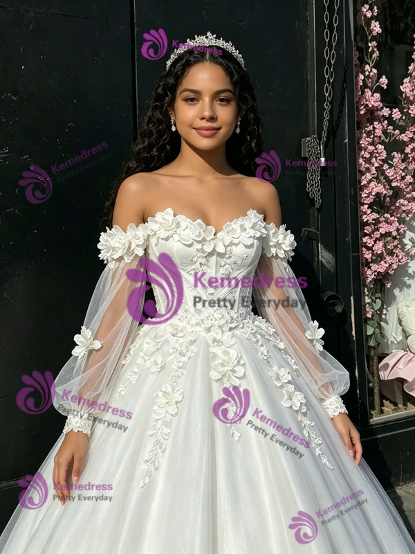 White Tulle 3D Flower Long Sleeve Quinceanera Dress