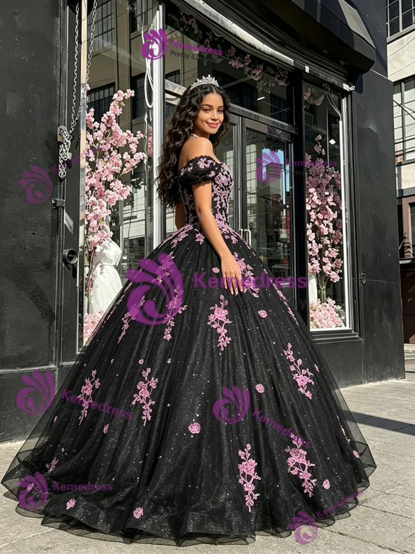 Black Tulle Off the Shoulder Appliques Quinceanera Dress