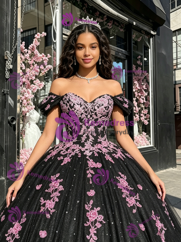 Black Tulle Off the Shoulder Appliques Quinceanera Dress