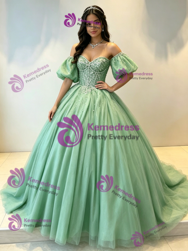 Green Tulle Off the Shoulder Beading Quinceanera Dress
