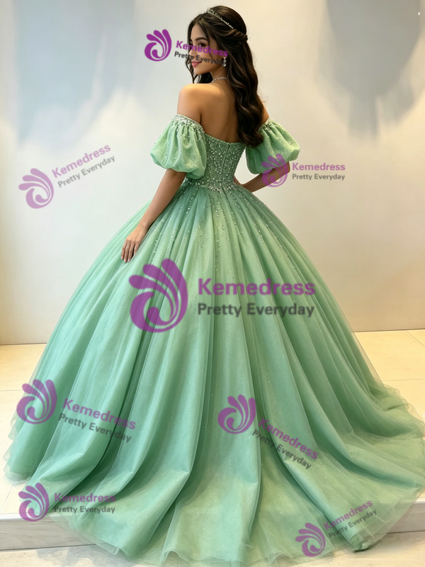 Green Tulle Off the Shoulder Beading Quinceanera Dress