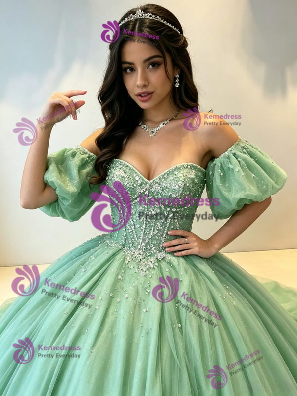 Green Tulle Off the Shoulder Beading Quinceanera Dress