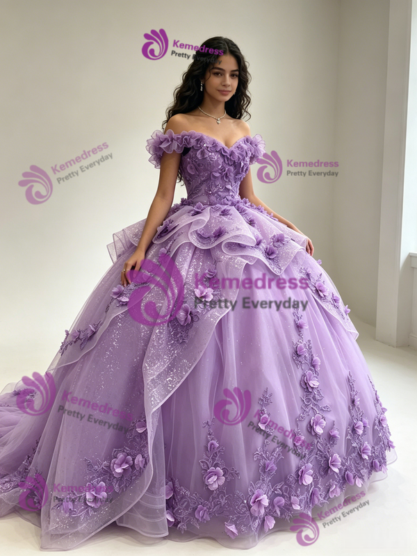 Purple Tulle Off the Shoulder Appliques Quinceanera Dress