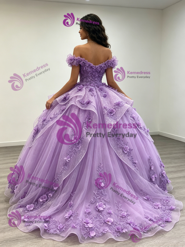 Purple Tulle Off the Shoulder Appliques Quinceanera Dress