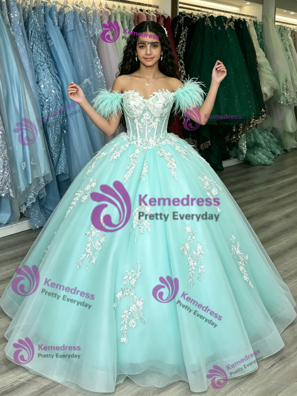 Light Blue Tulle Appliques Quinceanera Dress