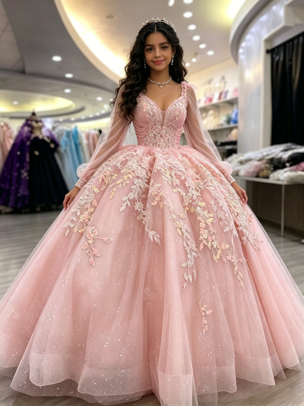 Pink Tulle Long Sleeve Appliques Quinceanera Dress