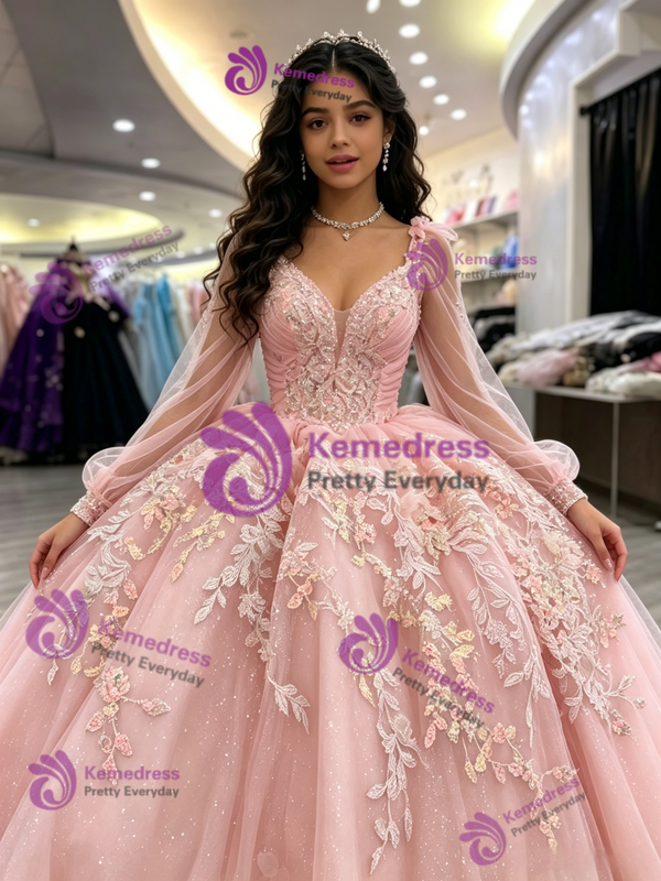 Pink Tulle Long Sleeve Appliques Quinceanera Dress