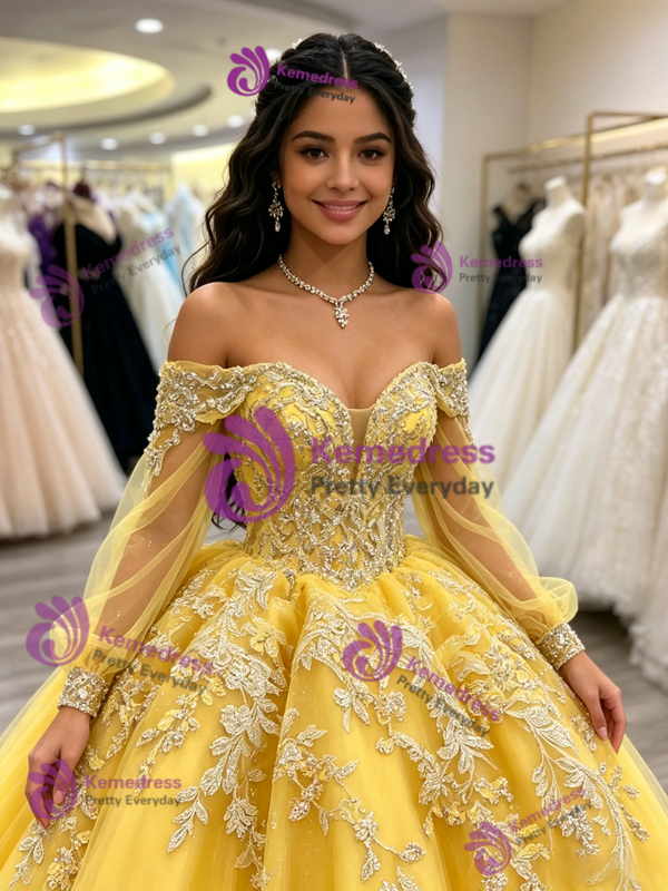 Yellow Tulle Off the Shoulder Appliques Quinceanera Dress
