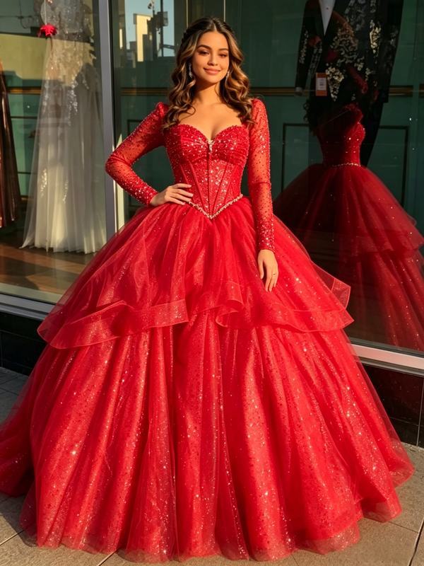 Red Tulle Long Sleve Beading Quinceanera Dress