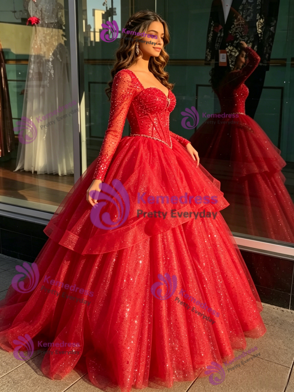 Red Tulle Long Sleve Beading Quinceanera Dress