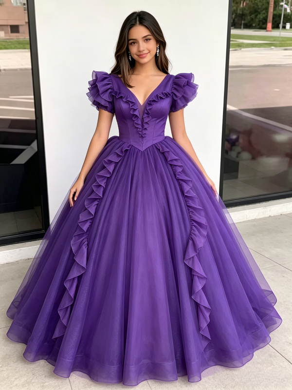 Purple Tulle V-neck Quinceanera Dress