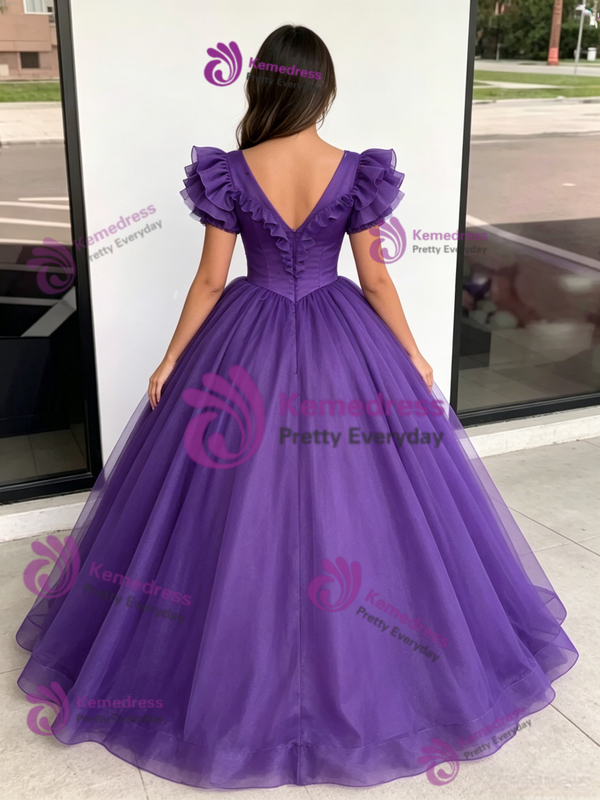 Purple Tulle V-neck Quinceanera Dress