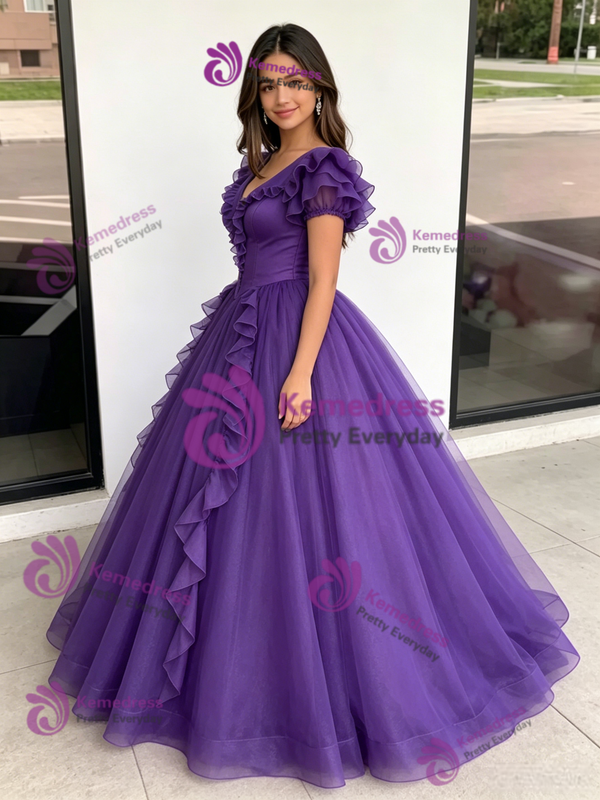 Purple Tulle V-neck Quinceanera Dress