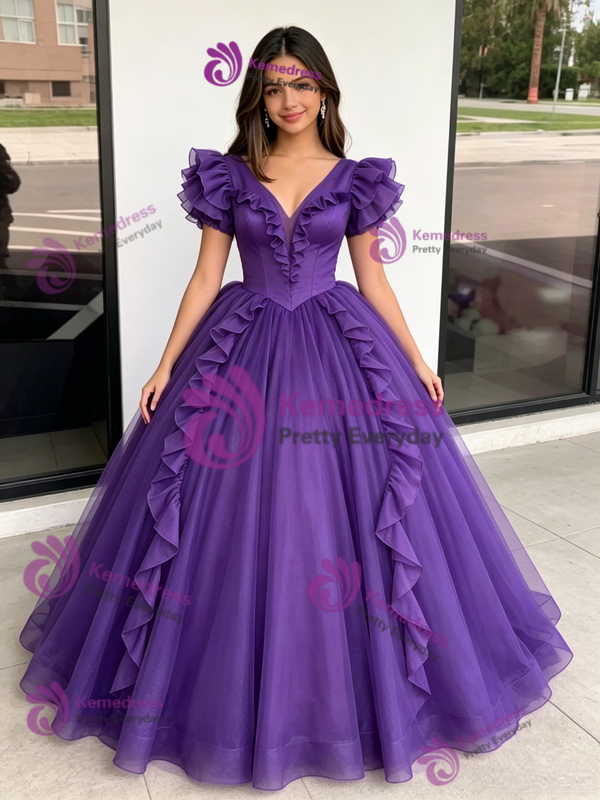 Purple Tulle V-neck Quinceanera Dress