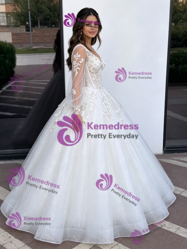 White Tulle V-neck Long Sleeve Quinceanera Dress