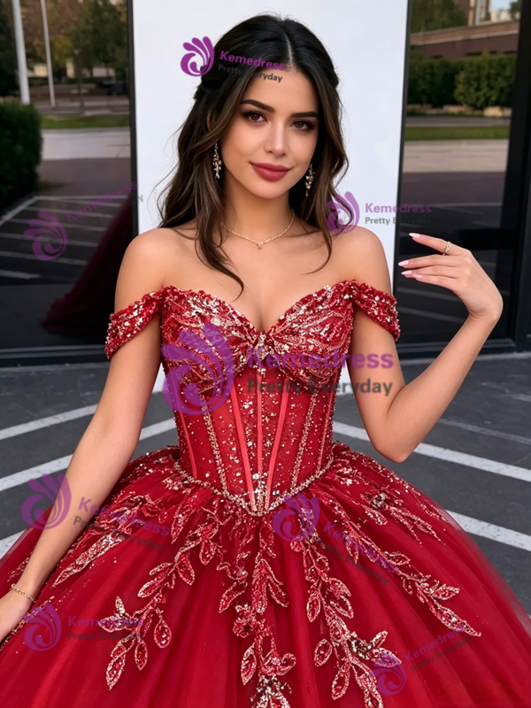 Red Tulle Off the Shoulder Appliques Quinceanera Dress