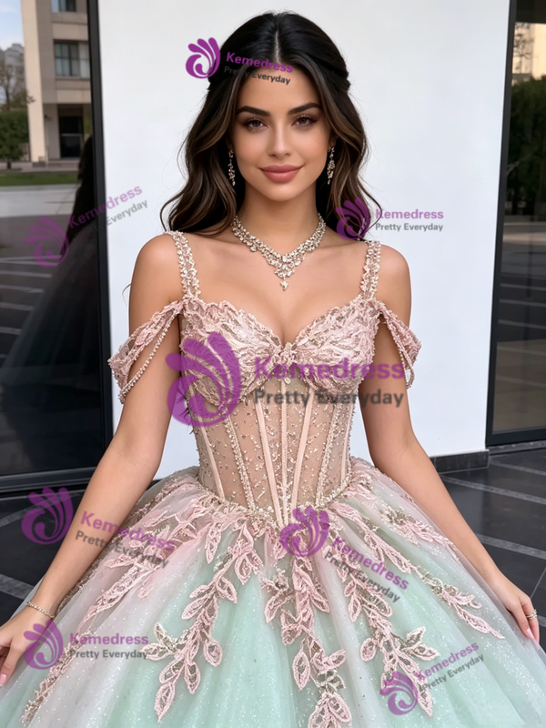 Green Tulle Straps Appliques Quinceanera Dress