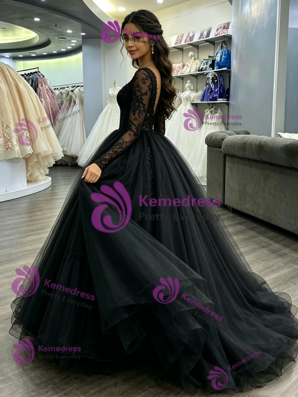 Black Tulle V-neck Long Sleeve Quinceanera Dress