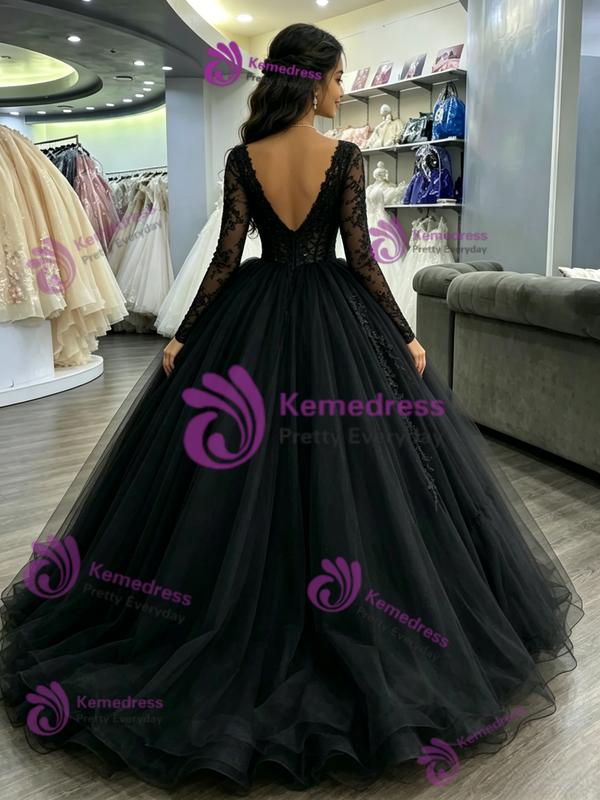Black Tulle V-neck Long Sleeve Quinceanera Dress